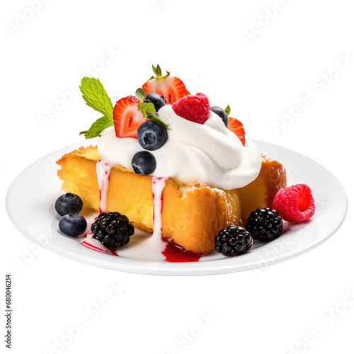 a plate of pound cake with berries and whip cream isolated on transparent background,transparency 