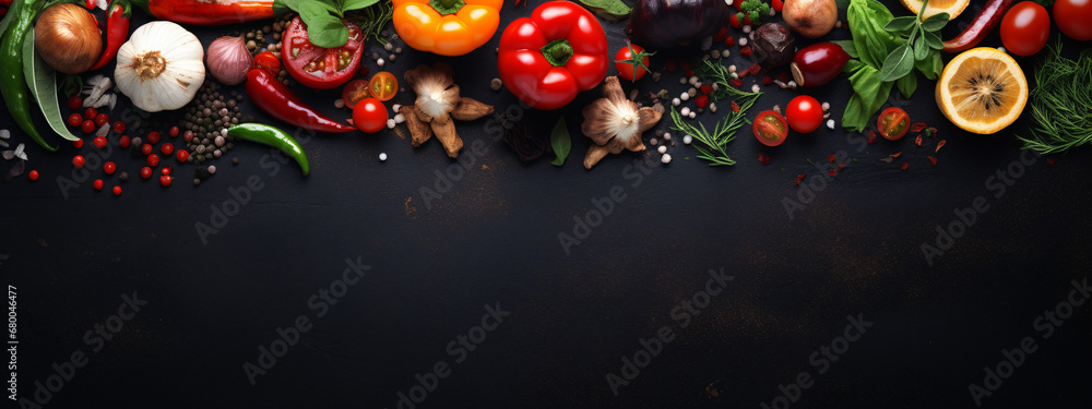 Food background at black kitchen table, Ingredients for cooking, vegetarian food. Long banner format. - obrazy, fototapety, plakaty 