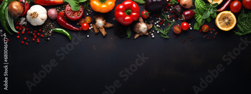 Food background at black kitchen table, Ingredients for cooking, vegetarian food. Long banner format. © Karol