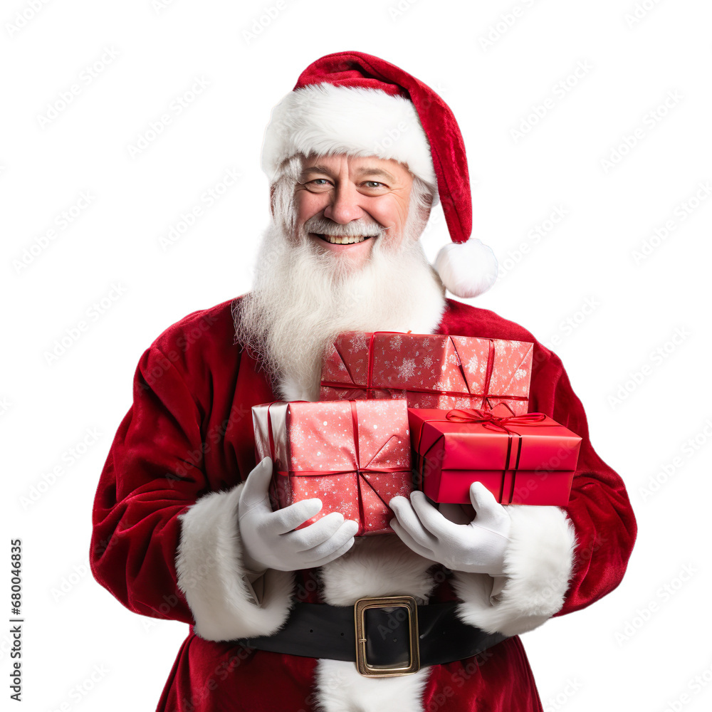Photo of happy Santa Claus with red gift boxes in hand isolated on transparent background. Photo of happy Santa Claus with red gift boxes in hand isolated on transparent background.
