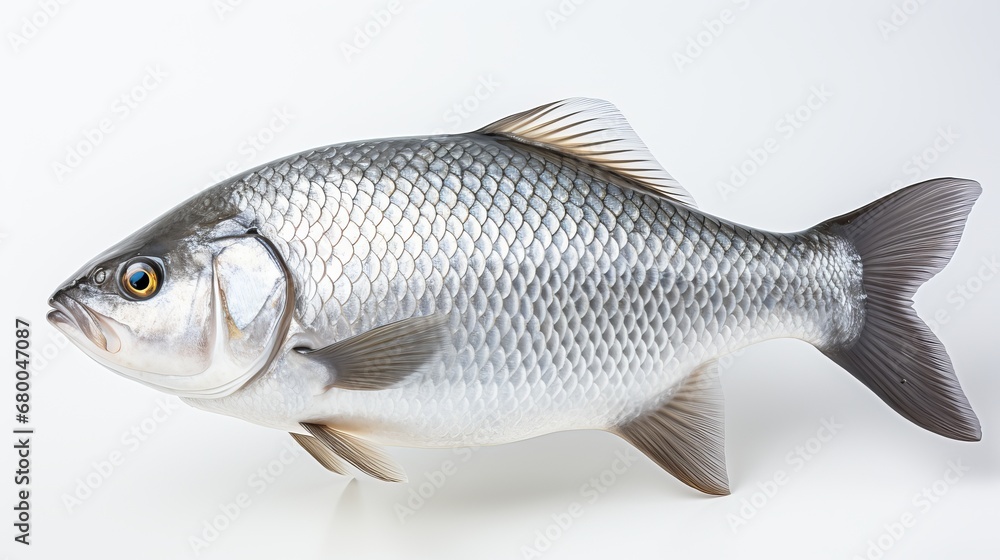 A Lone Goldfish Gleams Against a Pristine White Background, generative ai A Lone Goldfish Gleams Against a Pristine White Background, generative ai