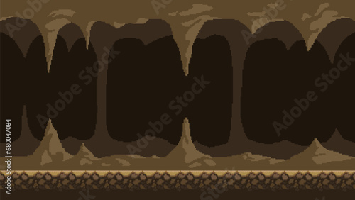 Pixel art game background, underground cave with stalactites and stalagmites. Vector 8-bit retro video game seamless cavern background. photo