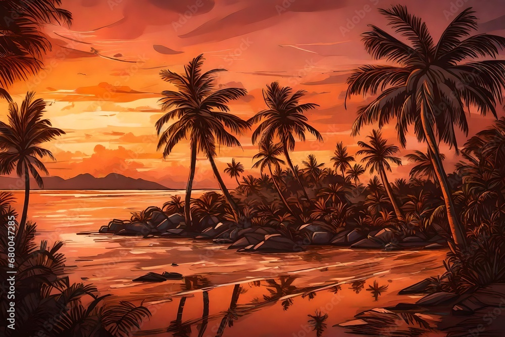 A remote island with palm trees, the evening sky painted in warm hues, creating a tropical paradise