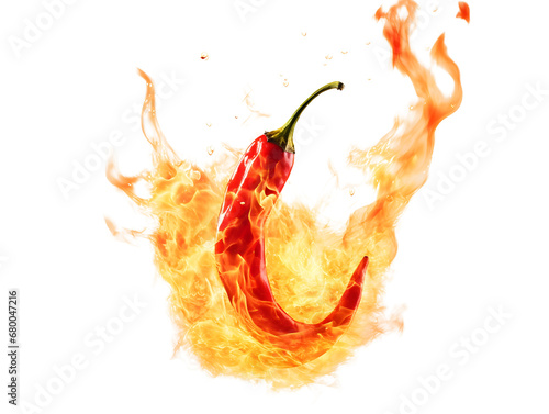The concept of hot and spicy food captured by red chili peppers ablaze with orange and yellow fire photo