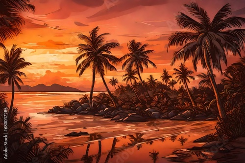 A remote island with palm trees  the evening sky painted in warm hues  creating a tropical paradise