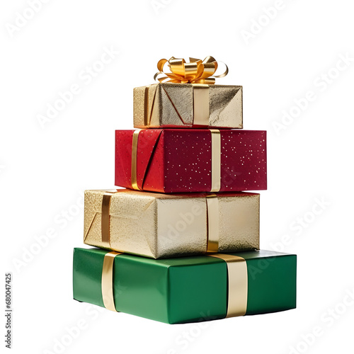 A festive pile of Christmas presents wrapped in sparkling paper, with ribbons and bows, evoking the joy of gift-giving photo