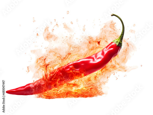 A single red chili pepper in fierce flames against a white background, symbolizing extreme heat