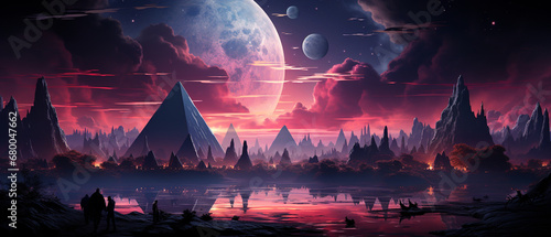 Surrealer Synthwave-Hintergrund mit Neon-Pyramiden