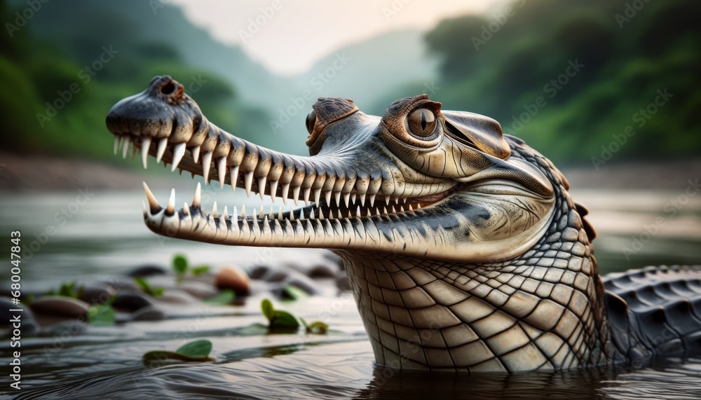 Fototapeta premium Close-up photograph of a Gharial (Gavialis gangeticus) on an Indian riverbank, featuring elongated snout and sharp teeth. 