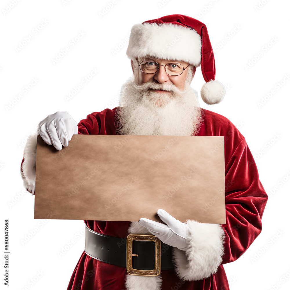 Naklejka premium Santa Claus hand holding old texture placard isolated on transparent background.