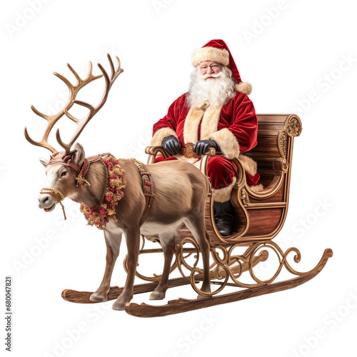 Santa claus sitting on Christmas Santa sleigh with reindeer isolated on transparent background. photo