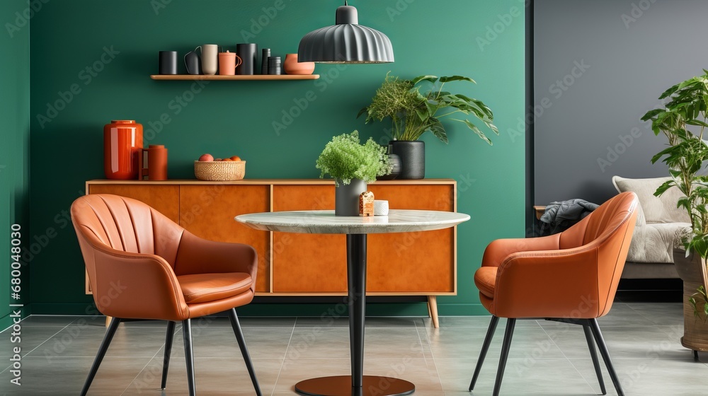 Fototapeta premium Vibrant Orange Chairs Pop Against Green Walls in a Modern Dining Room, generative ai