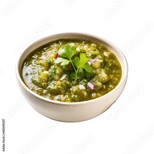 bowl of tomatillo avocado salsa,tomatillo chilli sauce isolated on transparent background,transparency 