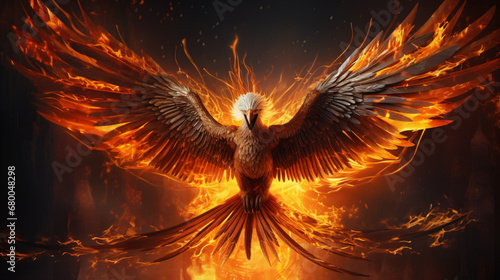 Realistic 3d illustration of fiery phoenix. Bright © khan