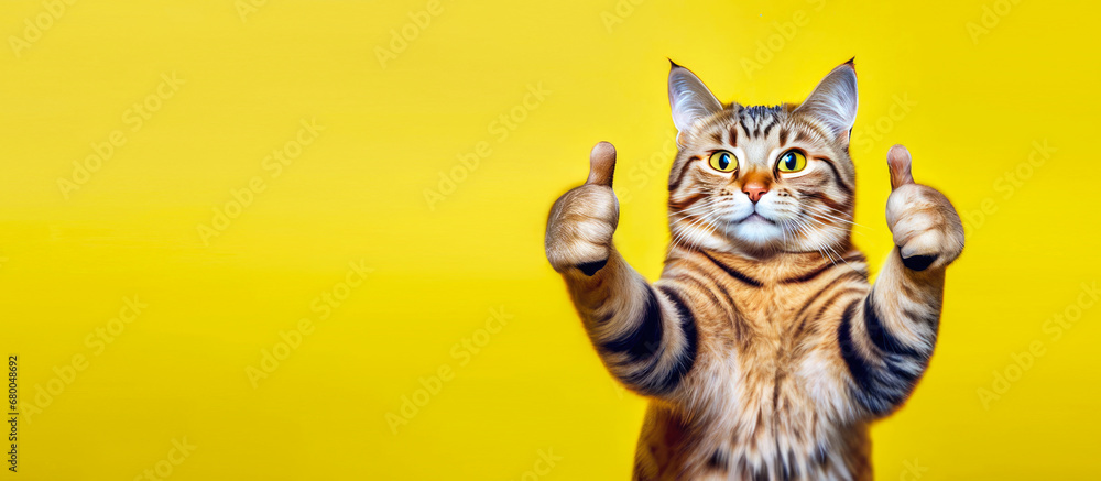 Portrait of a beautiful happy cat holding two thumbs up as a sign of excellent work or pointing a finger at the camera on an isolated yellow banner background. Generative AI. - obrazy, fototapety, plakaty 