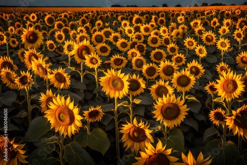 A vast field of sunflowers, their golden petals reflecting the last rays of the evening sun, creating a sea of warmth