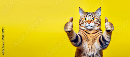 Photographie Portrait of a beautiful happy cat holding two thumbs up as a sign of excellent work or pointing a finger at the camera on an isolated yellow banner background