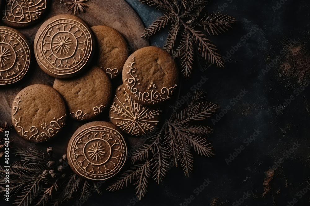 Gingerbread cookies with on a dark brown background with fir tree branch. Gingerbread cookies with on a dark brown background with fir tree branch.