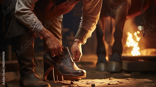 A farrier attaches a new shoe to a horse's hoof, sparks flying in the forge. photo