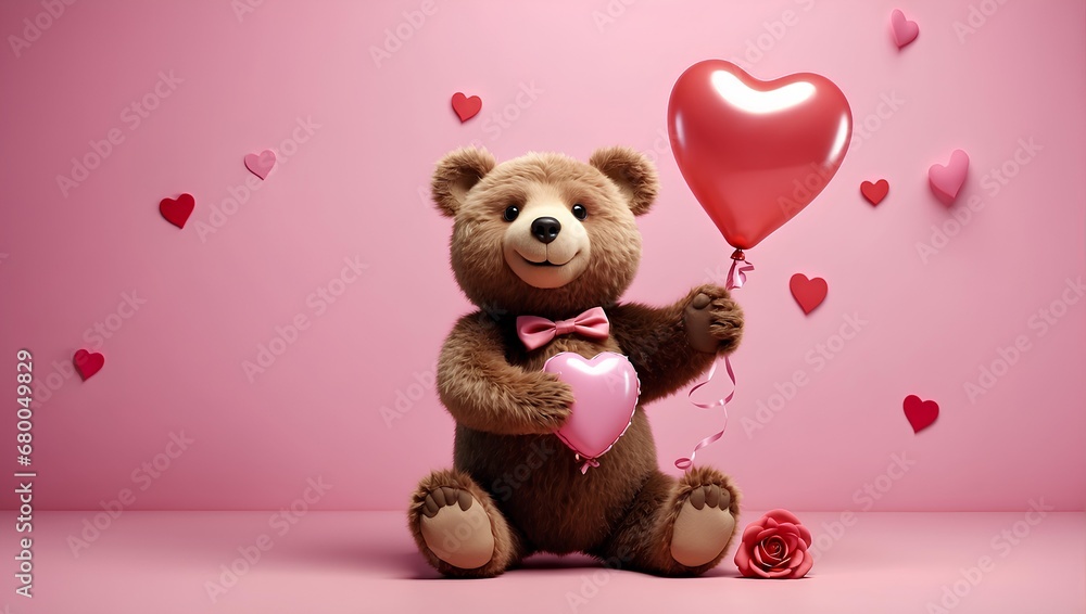 A joyful bear with a heart-shaped balloon on a solid rose background A joyful bear with a heart-shaped balloon on a solid rose background