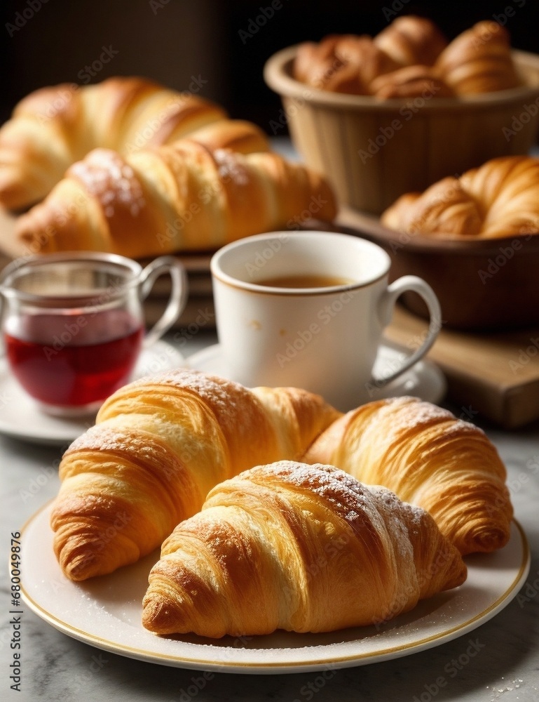 Croissants on a wooden table in a rustic kitchen. Continental breakfast.