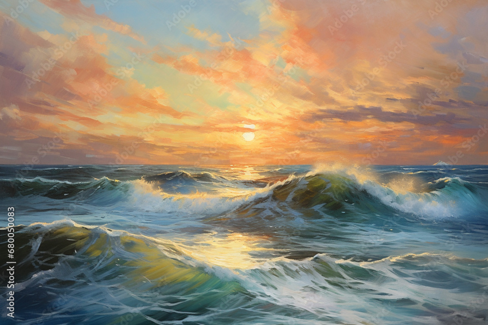 Sunset over the ocean, oil painting - obrazy, fototapety, plakaty 