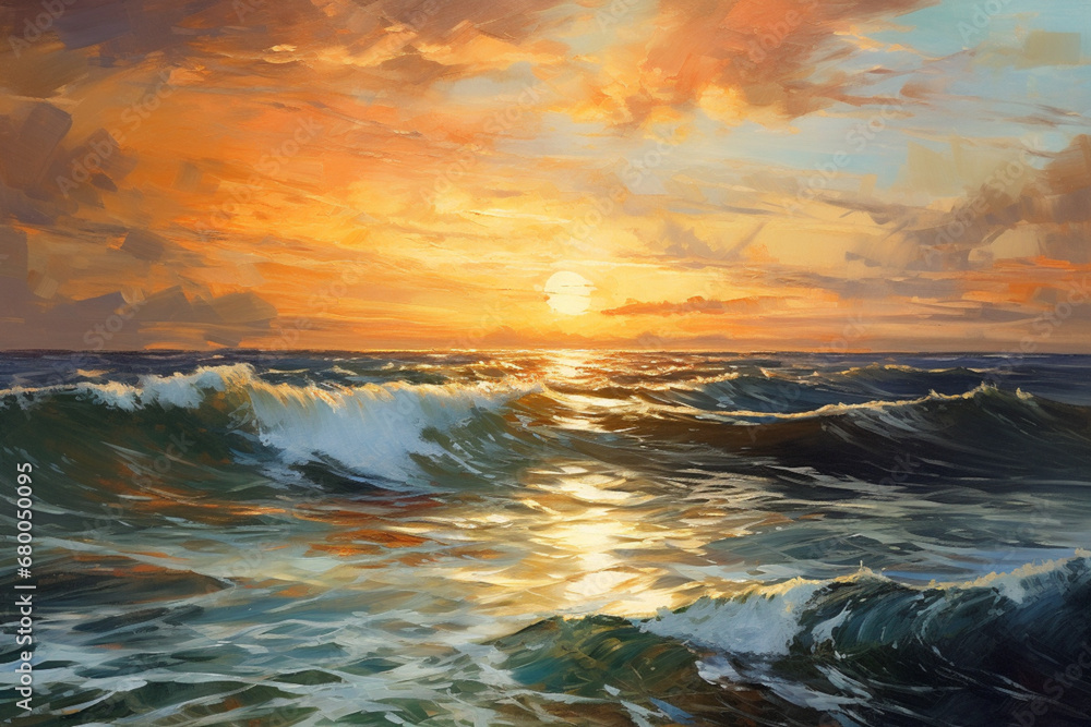 Sunset over the ocean, oil painting
