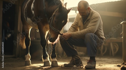 A farrier expertly trims a horse's hooves, ensuring their well-being.