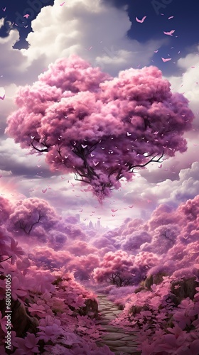  A heart shaped cloud floating in a pink sky, valentines day Banner, Happy Valentines day