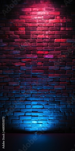 Urban Nightscape  A Row of Neon Lights Against a Weathered Brick Wall  generative ai