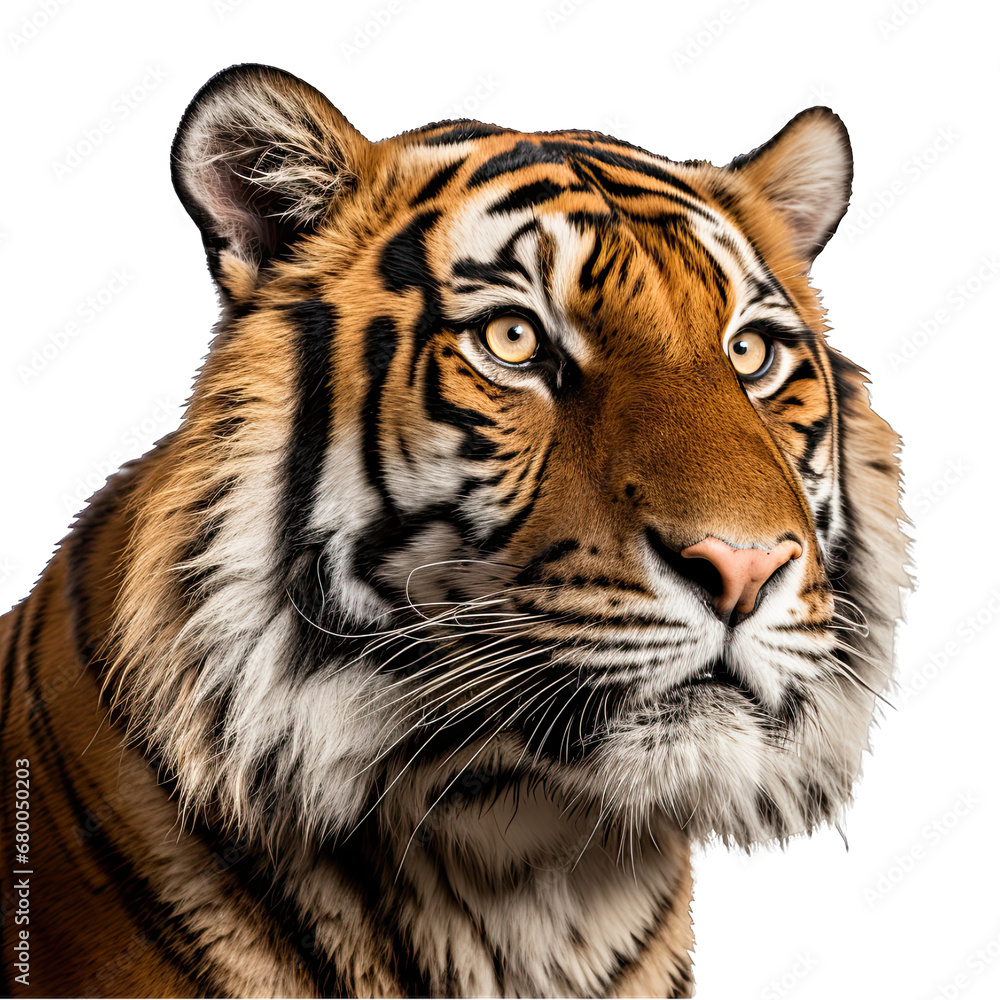 Obraz premium Tiger Face in Side View Close-Up Isolated on Transparent or White Background, PNG