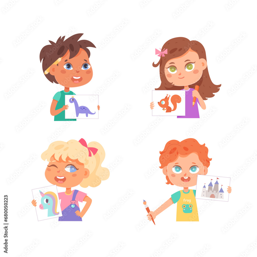 Cute kids show pictures painting by them at school or home. Young painters. Children art. Creative kids. Learning, enjoy, education, playing concept. Cartoon vector illustration set Cute kids show pictures painting by them at school or home. Young painters. Children art. Creative kids. Learning, enjoy, education, playing concept. Cartoon vector illustration set
