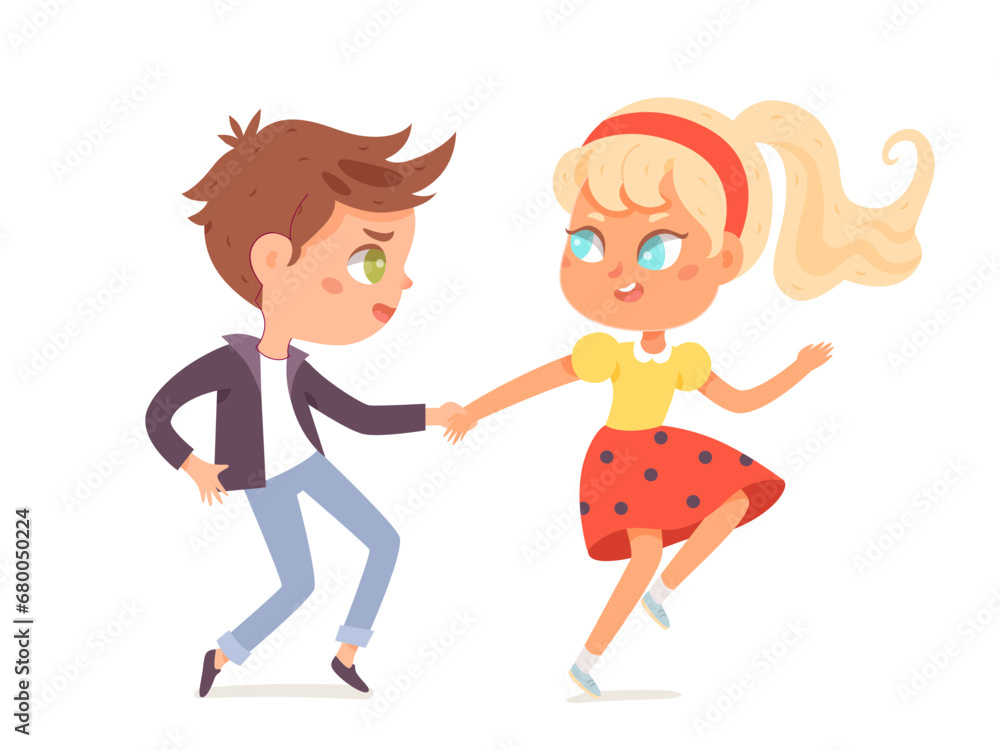 Children dance. Happy boy and girl dancing together hip hop. Little music fans. Cute colorful cartoon kids vector illustration isolated on white background. Happiness, gladness and fun