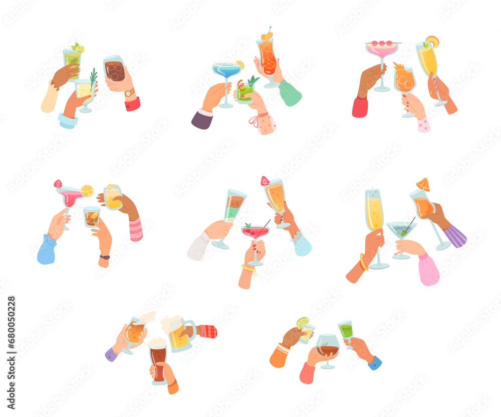 Hands with glasses of alcohol cocktails and drinks vector illustration set. Friends holding goblets and mugs with champagne, wine, beer, martini. People celebrating with toasts and cheering. Party Hands with glasses of alcohol cocktails and drinks vector illustration set. Friends holding goblets and mugs with champagne, wine, beer, martini. People celebrating with toasts and cheering. Party