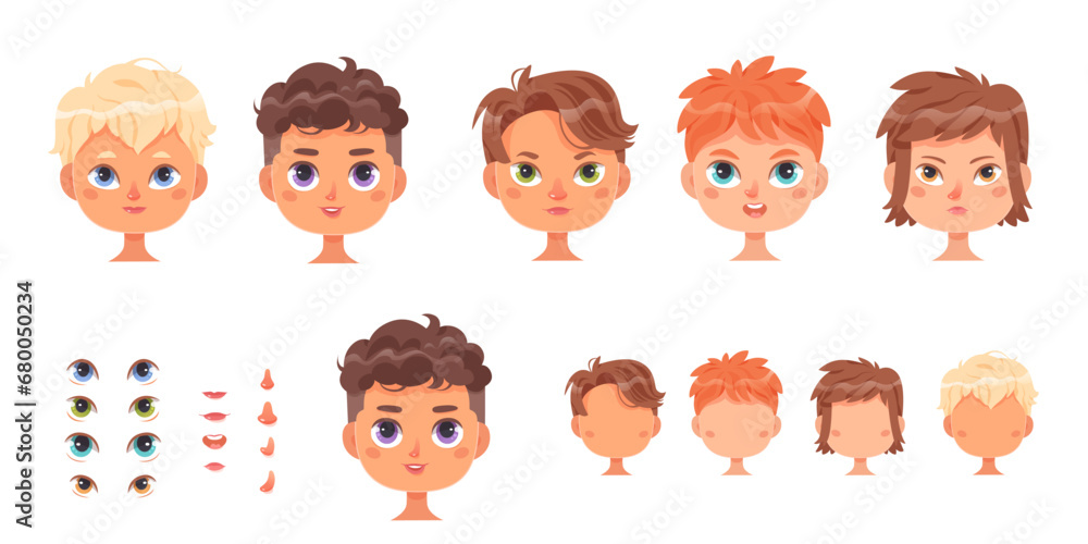 Boy faces constructor set vector illustration. Cartoon isolated male heads templates with different hair colors and hairstyle, eyes, noses and mouths with various shapes and lip expressions - obrazy, fototapety, plakaty 