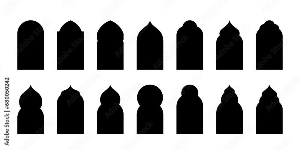Islamic door or window arch silhouette vector element. Arab frame, mosque gate, arabesque black icon on white background - obrazy, fototapety, plakaty 