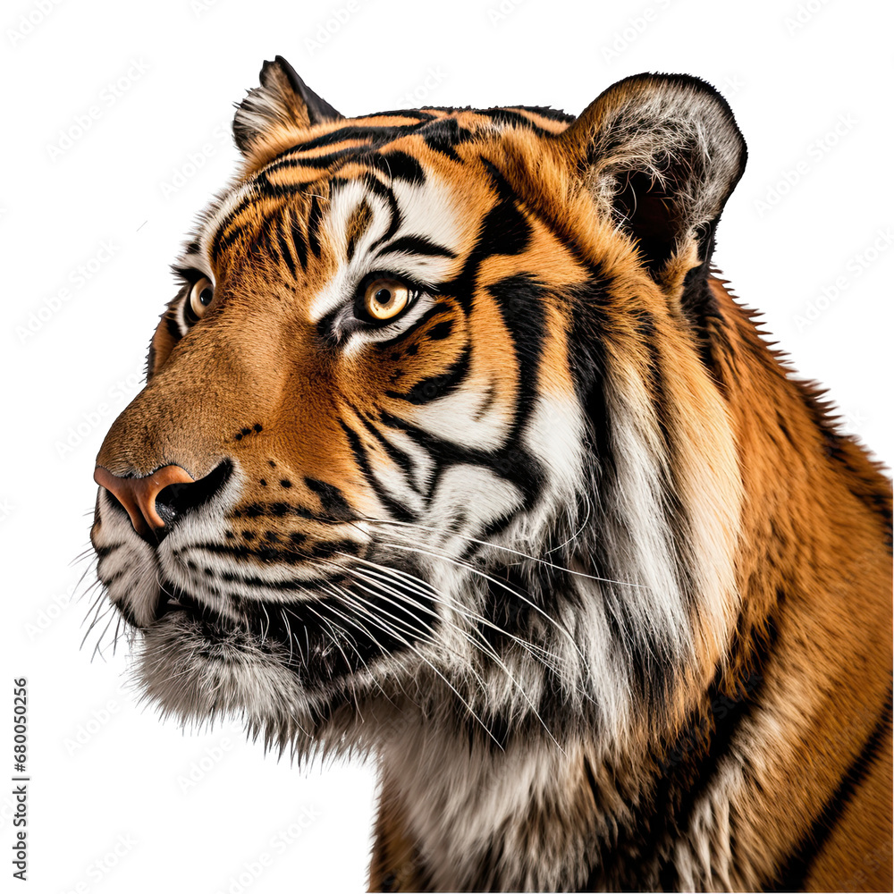 Fototapeta premium Tiger Face in Side View Close-Up Isolated on Transparent or White Background, PNG