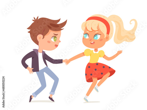 Children dance. Happy boy and girl dancing together hip hop. Little music fans. Cute colorful cartoon kids vector illustration isolated on white background. Happiness, gladness and fun