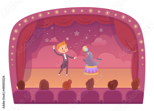 Circus characters perform juggling show vector illustration. Cartoon isolated cute seal juggler playing ball on podium and trainer in vintage tuxedo, carnival performance of animal and funny boy