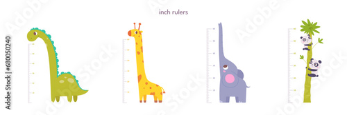 Kids height ruler in inches for growth measure. Cute animals set vector illustration for kindergarten or home. Wall sticker with cheerful giraffe, dinosaur, elephant and pandas photo