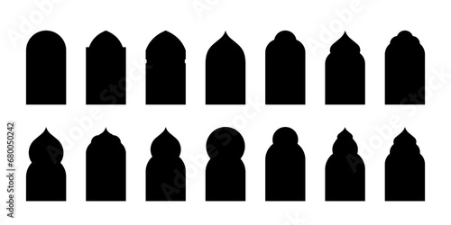 Islamic door or window arch silhouette vector element. Arab frame, mosque gate, arabesque black icon on white background