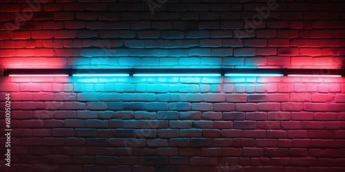 Urban Nightscape  A Row of Neon Lights Against a Weathered Brick Wall  generative ai