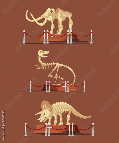 Paleontology museum with dinosaur fossils vector illustration. Cartoon paleontological exhibition with prehistoric dino skeletons. Historical artefacts and sculls on pedestals. Science concept