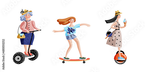 Eco city transport vector illustrations set. Modern urban street vehicles. Happy female young and old cartoon characters ride. Women on gyroscooter  skateboard and monowheel. Green traffic concept