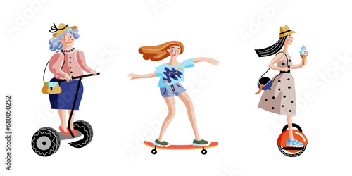 Eco city transport vector illustrations set. Modern urban street vehicles. Happy female young and old cartoon characters ride. Women on gyroscooter, skateboard and monowheel. Green traffic concept