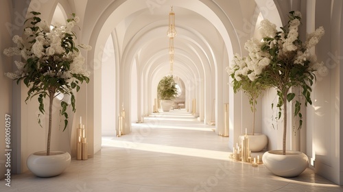 Modern white corridor with white walls and floor and flowers. Created with Ai