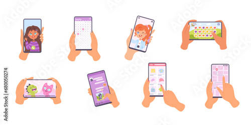 Collection of hands hold mobile phone with different screens. Males and females arms are touching smartphone display with thumb and index fingers. Phone mockups. Flat cartoon vector illustration