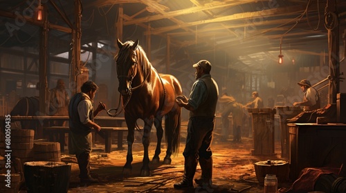 A farrier shoes a horse while other horses curiously observe the process.