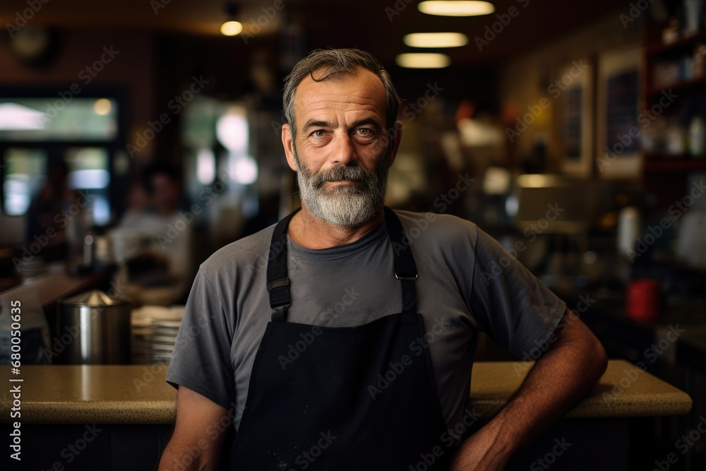 Confident Caf Owner Stands Before His Establishment