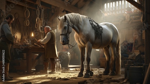 A farrier shoes a horse while other horses curiously observe the process.